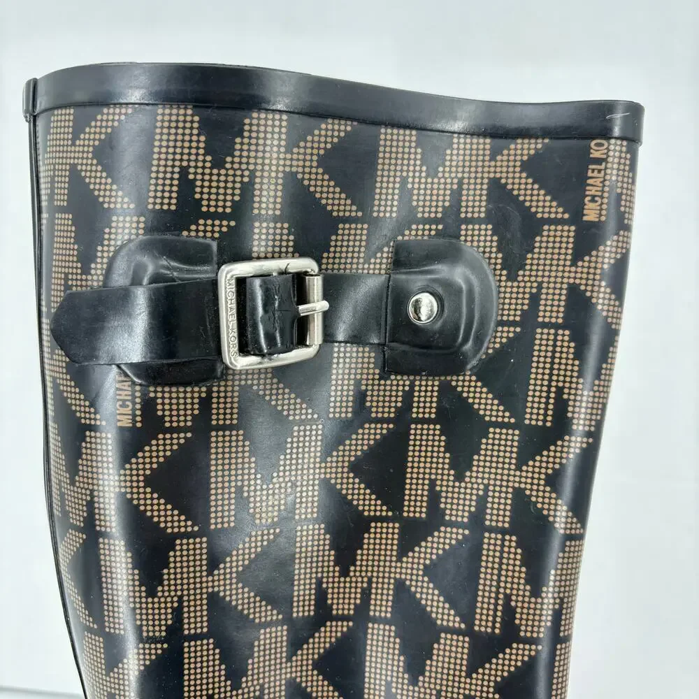 Michael Kors Tall Rain Boots Women's Size 7 Black Signature Logo Waterproof - Picture 3 of 13